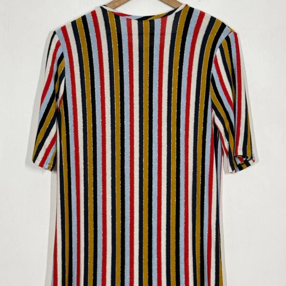 Zara Collection Midi Dress Womens Large Multicolor Metallic Striped Short Sleeve